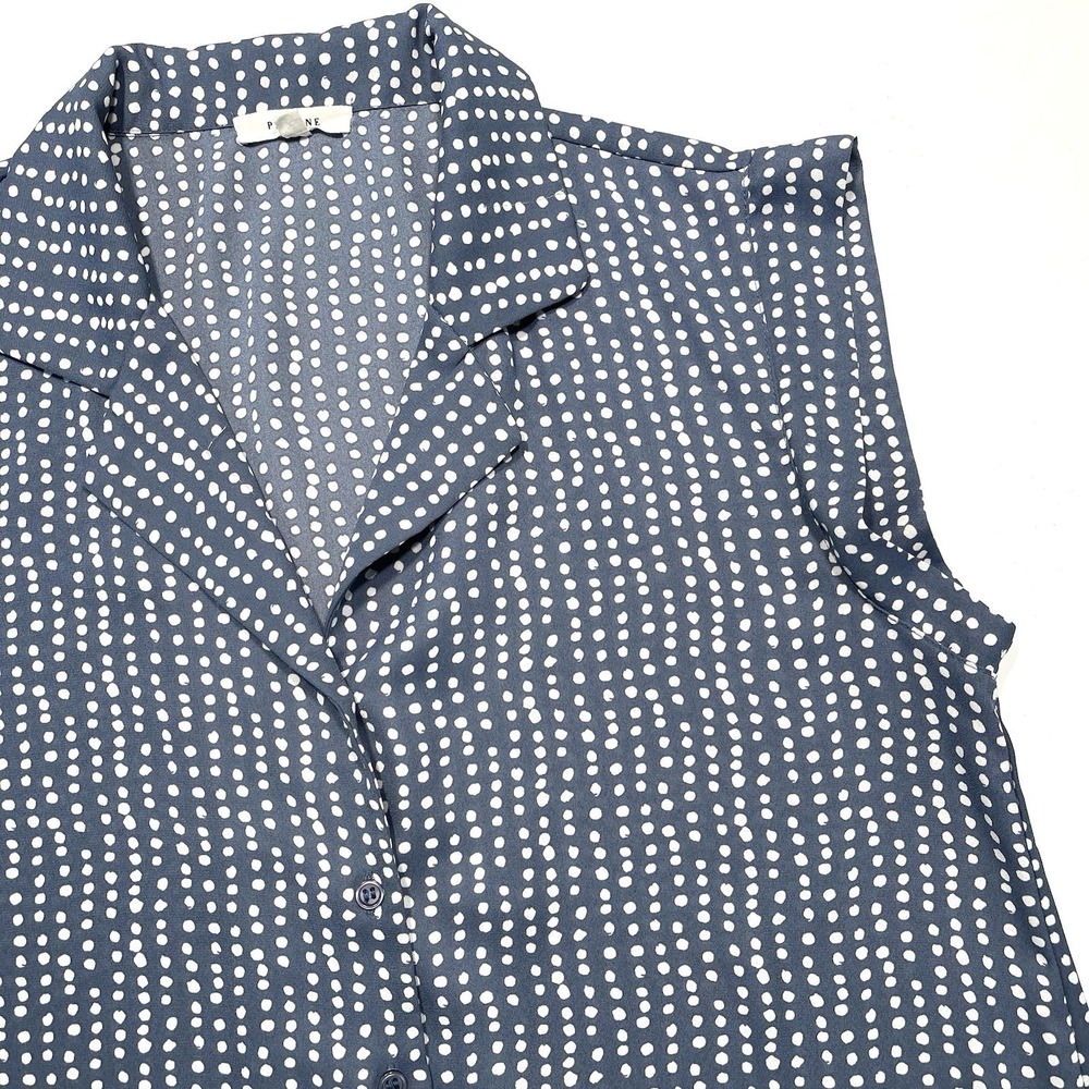 Women's Cap Sleeve‎ Button Up Blouse Blue With White Dots Size S By PLEIONE